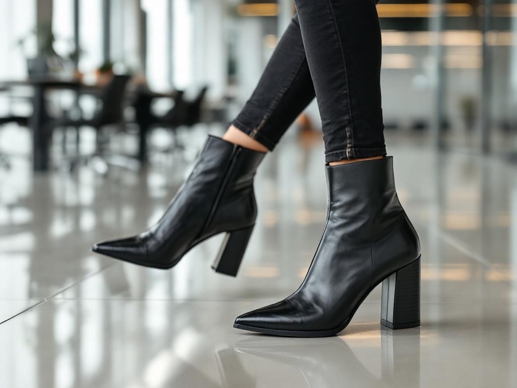 Chic black ankle boots with block heels worn with black jeans in a modern office setting.