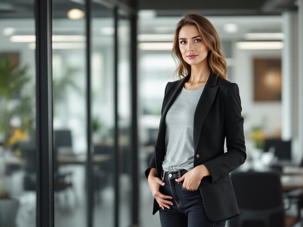 A woman in a black blazer and gray t-shirt, standing confidently in a modern office space.