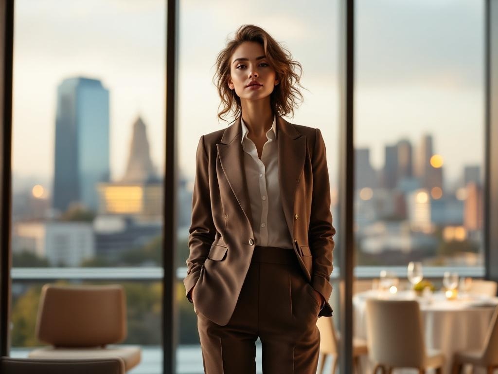 A woman wearing a chic blazer and tailored trousers, standing in front of a city skyline.