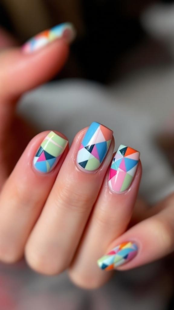 Colorful geometric patterned nails with a chic French tip revamp