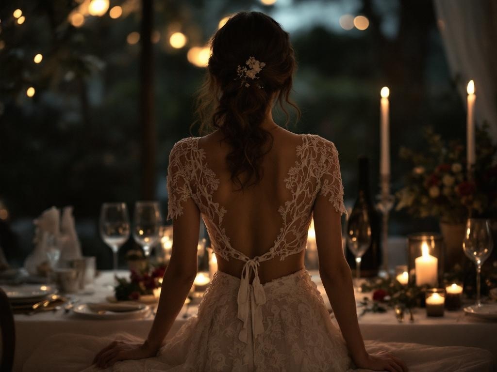 A woman wearing a chic lace skirt with a fitted top, seated at a beautifully set table with candles and flowers.