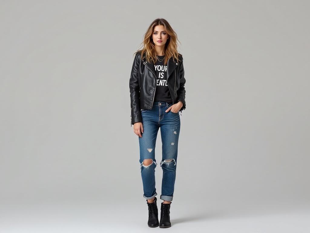 A woman wearing a chic leather jacket with a graphic tee and distressed jeans, standing confidently.
