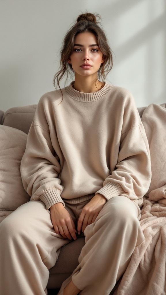 A woman in a cozy beige oversized sweater and matching pants, sitting on a couch.