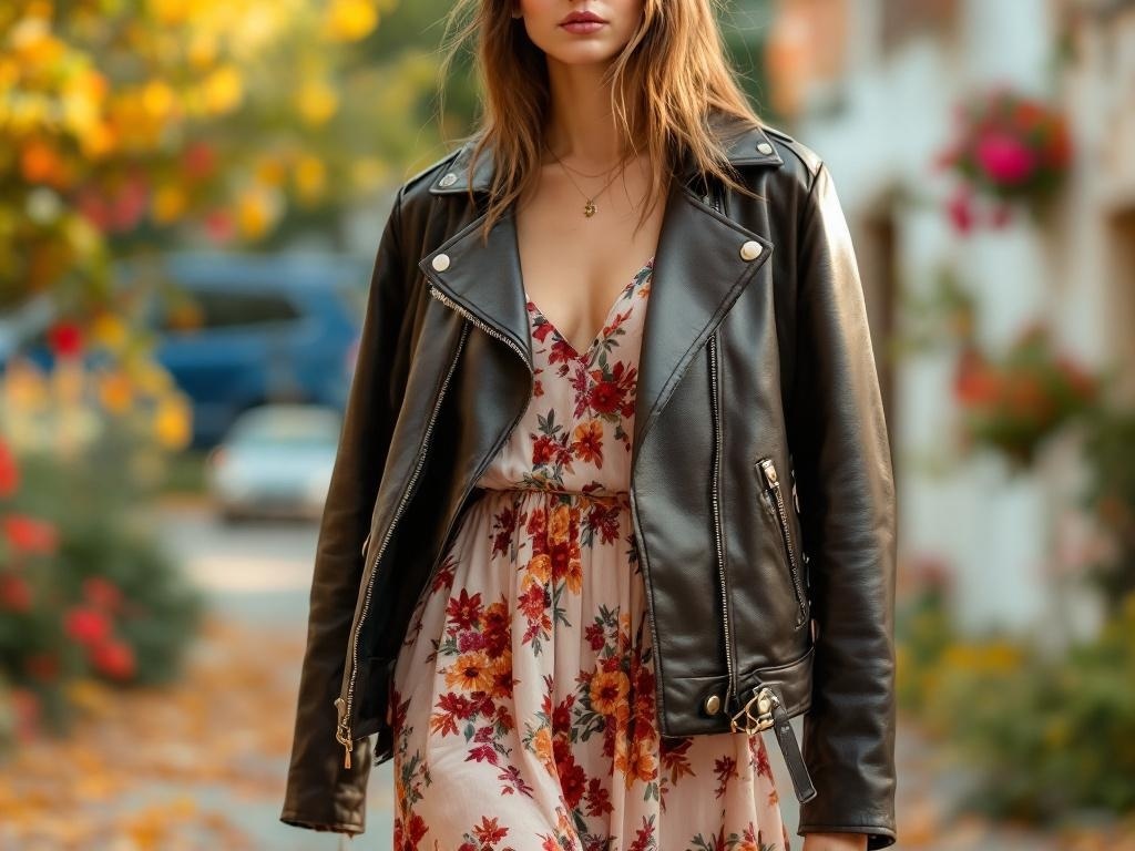 A woman wearing a floral midi dress and a black leather jacket, walking outdoors.