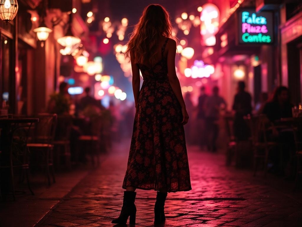 A woman in a floral midi dress and ankle boots stands in a vibrant, illuminated street.