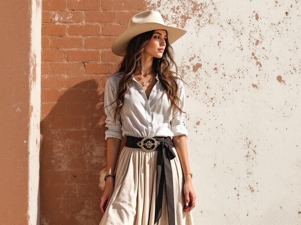 A woman in a chic midi skirt and Western accessories, including a button-up shirt and wide-brimmed hat, standing against a textured wall.