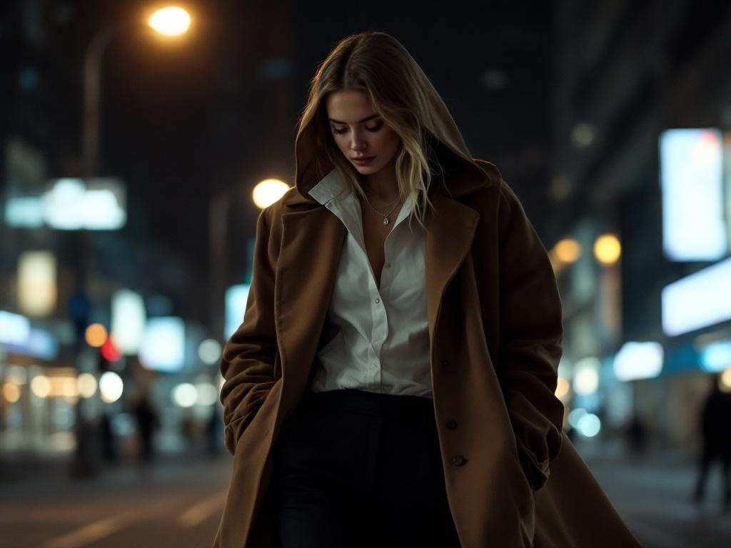 A woman wearing a brown oversized coat over a white shirt and black pants, standing in a city at night.