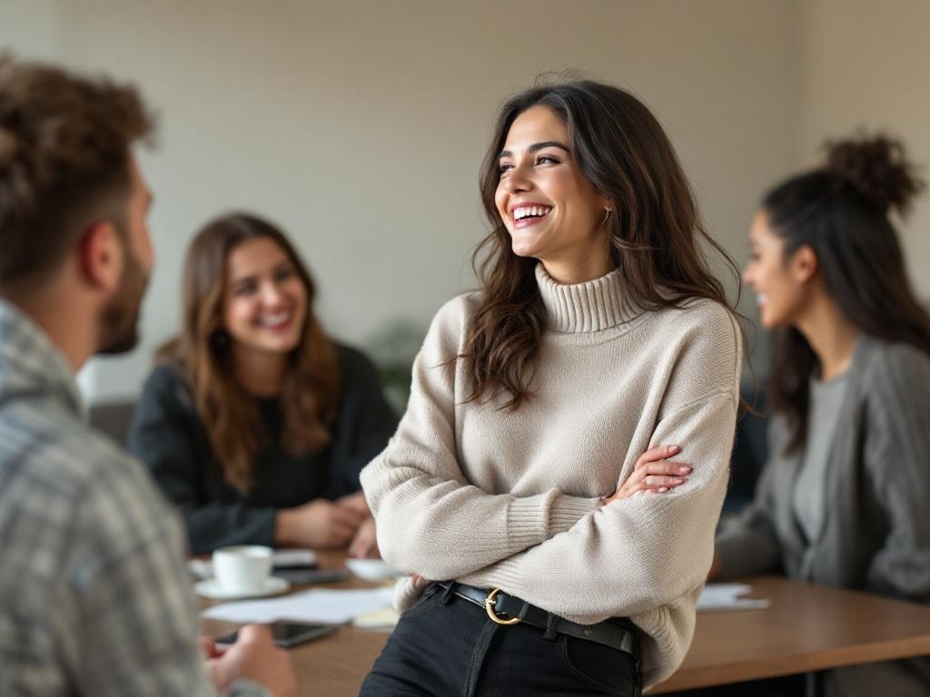 A woman smiling while wearing a chic sweater and high-waisted pants, sitting with colleagues in a casual office setting.