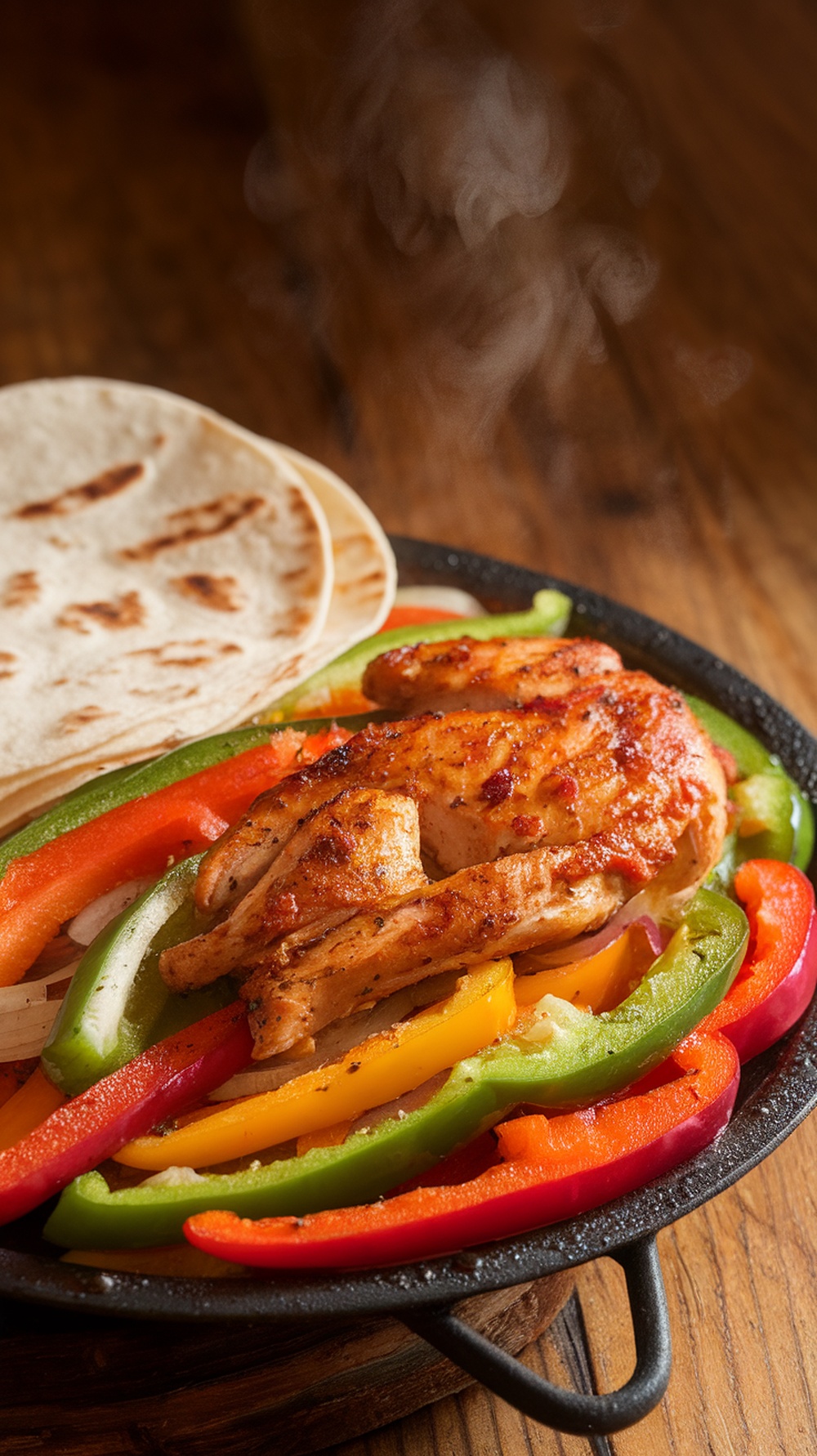 Sizzling chicken fajitas with colorful bell peppers and warm tortillas