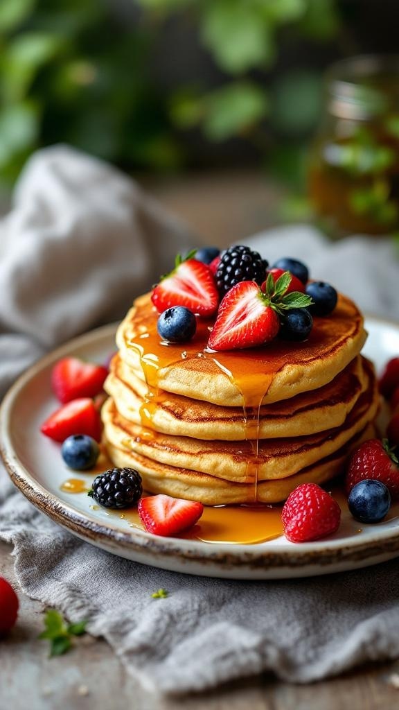 A stack of fluffy pancakes topped with fresh berries and syrup