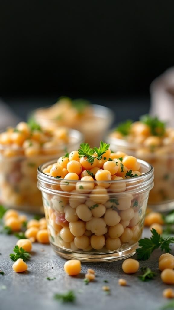 Colorful chickpea salad cups with fresh herbs in glass jars