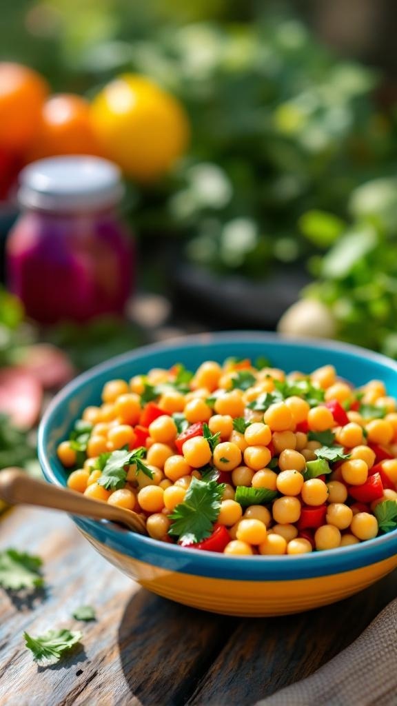 A colorful chickpea salad with yellow chickpeas, red bell peppers, and fresh herbs in a blue bowl.