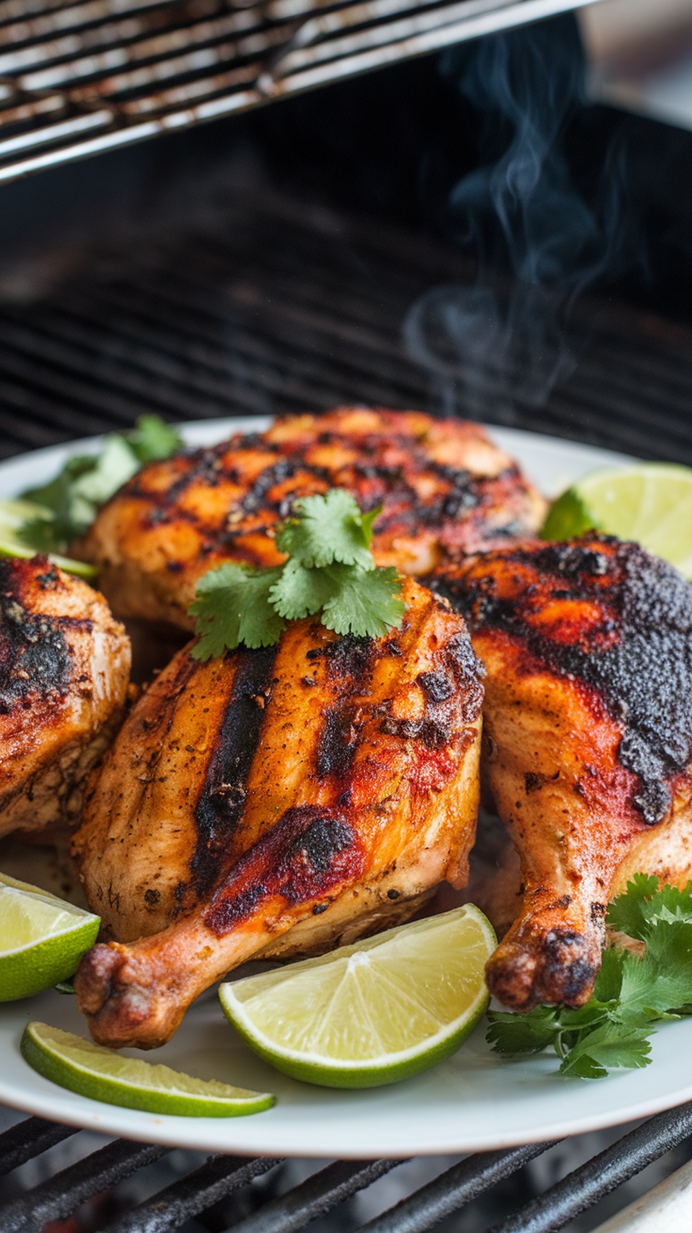 Grilled chicken pieces garnished with cilantro and lime, set against a tropical background.