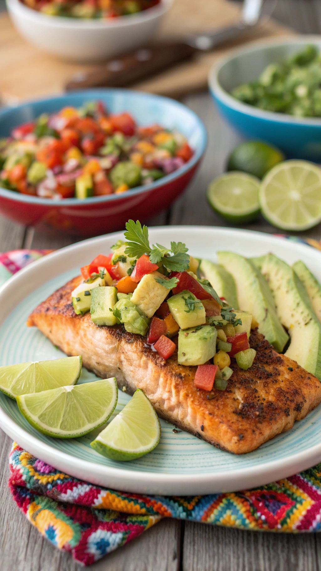 Chili lime salmon fillet topped with avocado salsa, served with lime wedges.