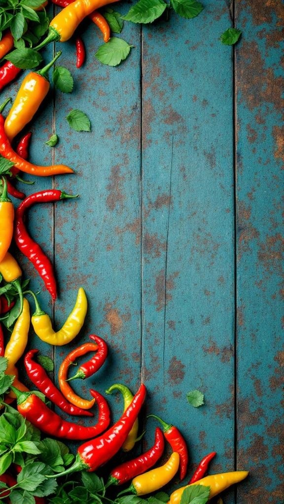 An assortment of colorful chili peppers on a rustic wooden background