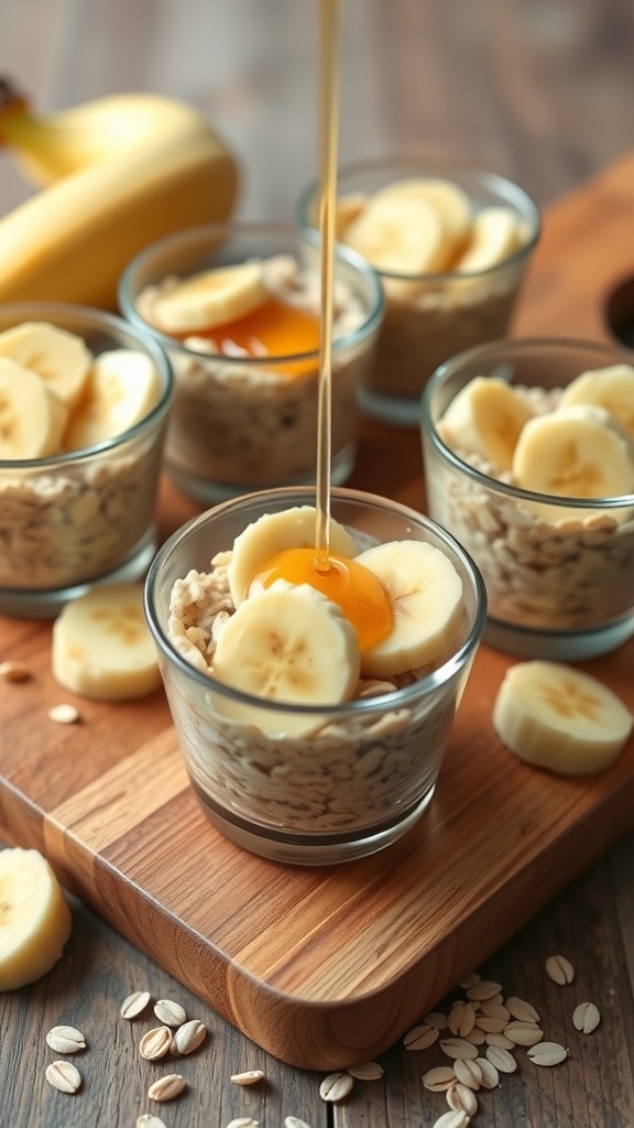 Chilled Banana Oatmeal Cups with banana slices and oats in small glasses
