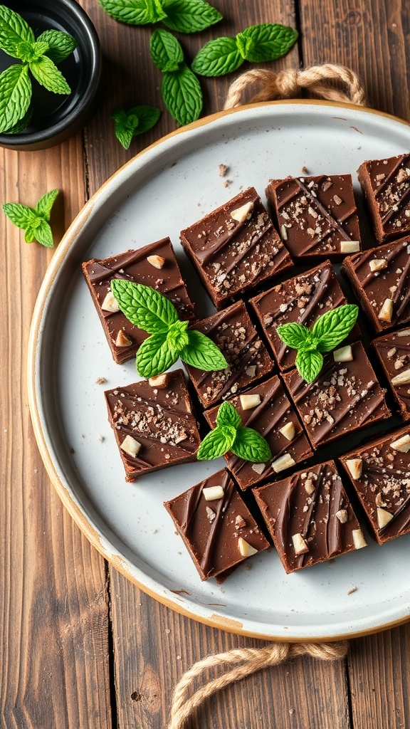Chilled no-bake chocolate and mint bars arranged on a plate with fresh mint leaves.