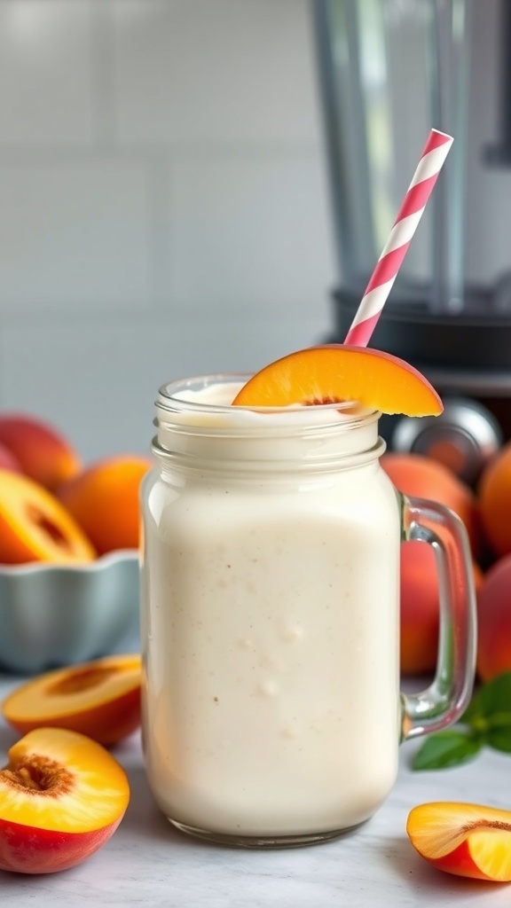 Chilled peach yogurt smoothie in a mason jar with a pink straw, surrounded by fresh peaches.