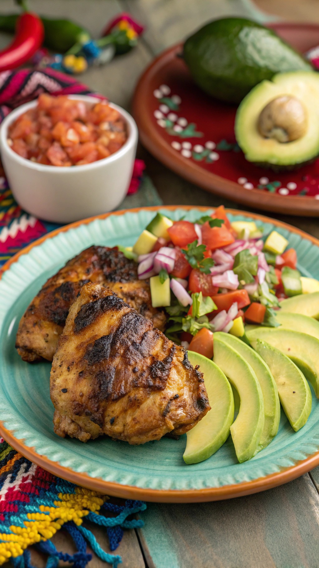 Chipotle-lime chicken thighs served with avocado and salsa