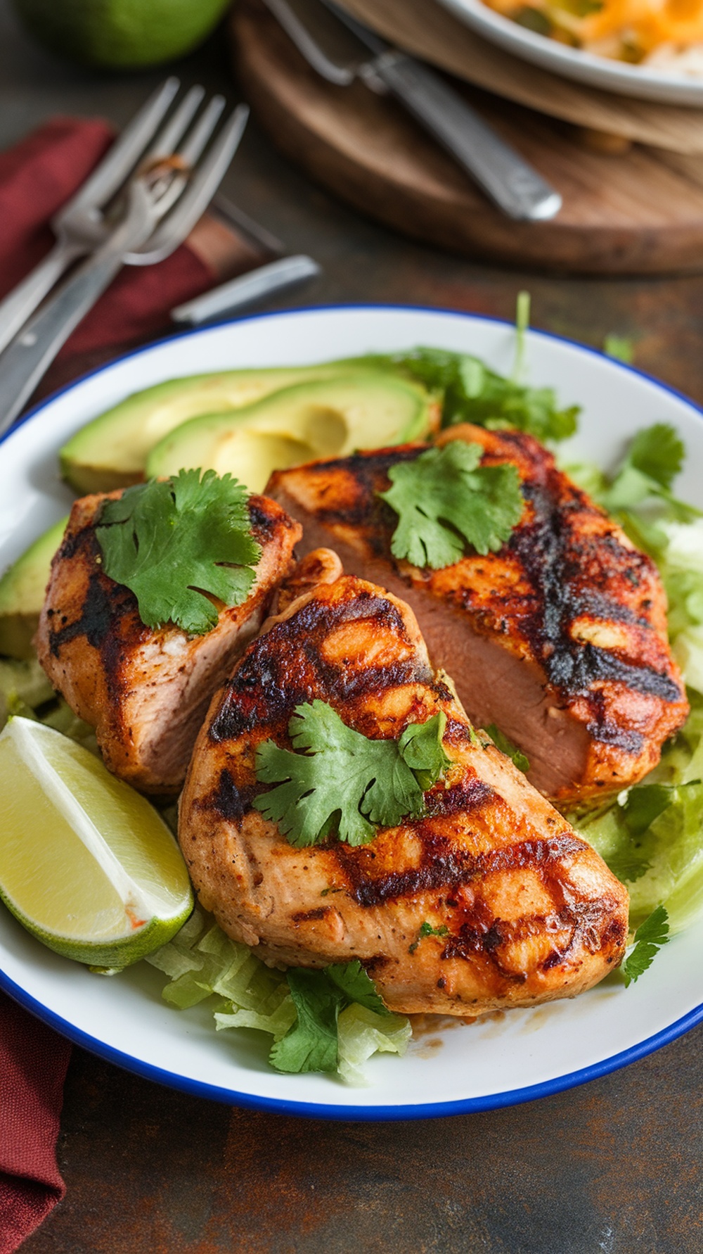 Grilled chipotle chicken breasts garnished with cilantro and lime wedges on a plate.