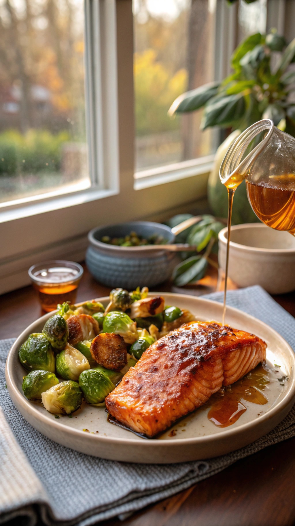 A plate of chipotle honey salmon with roasted Brussels sprouts, drizzled with honey.
