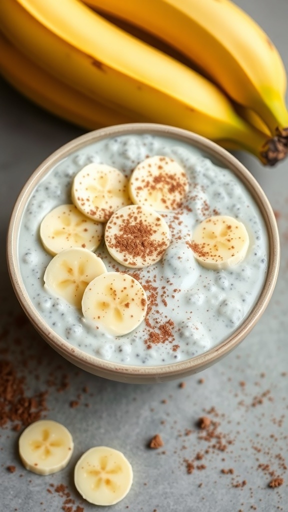 Choco-Banana Bliss Bowl with chia seeds, banana slices, and cocoa powder