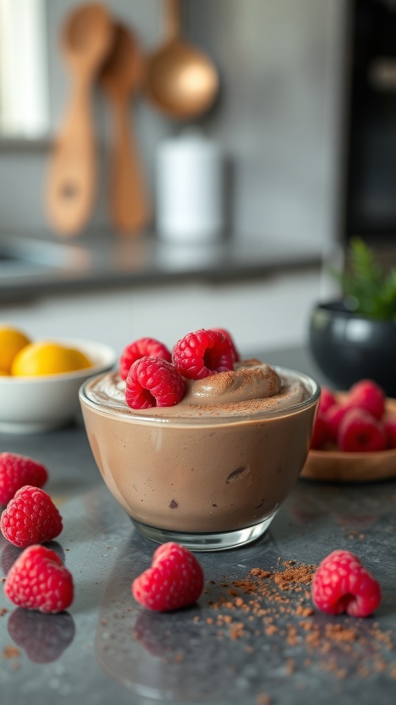 A bowl of avocado chocolate pudding topped with fresh raspberries, surrounded by more raspberries on a kitchen countertop.