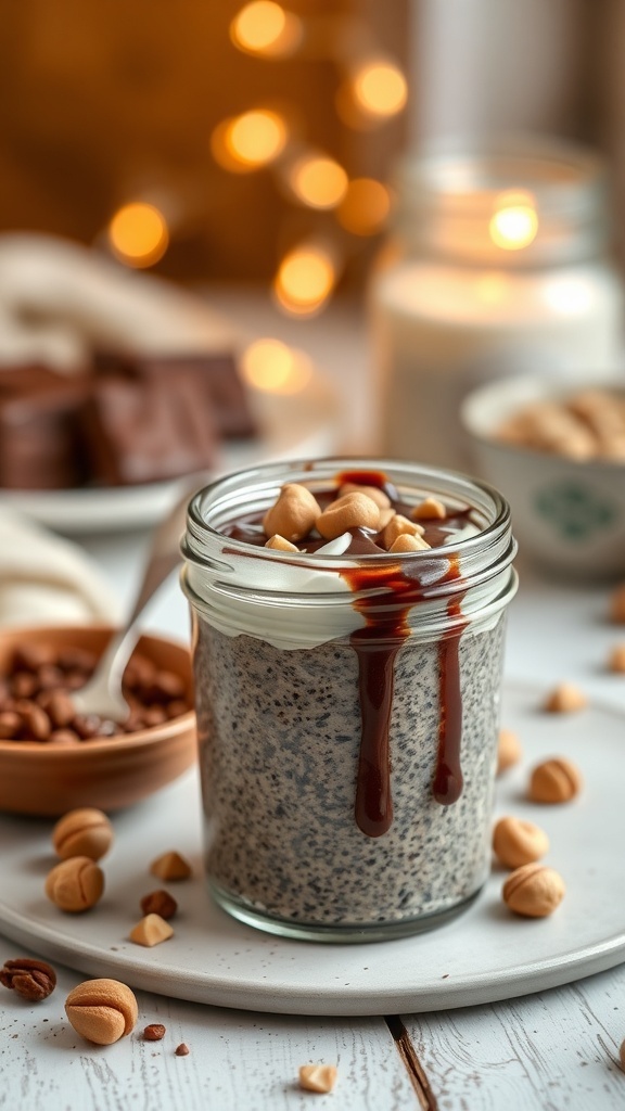 A jar of Nutella chia seed pudding topped with nuts and chocolate drizzle