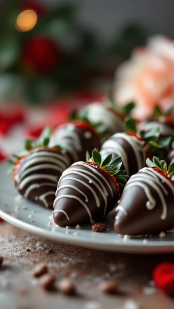 A plate of chocolate-covered strawberries drizzled with white chocolate, surrounded by rose petals and chocolate chips.