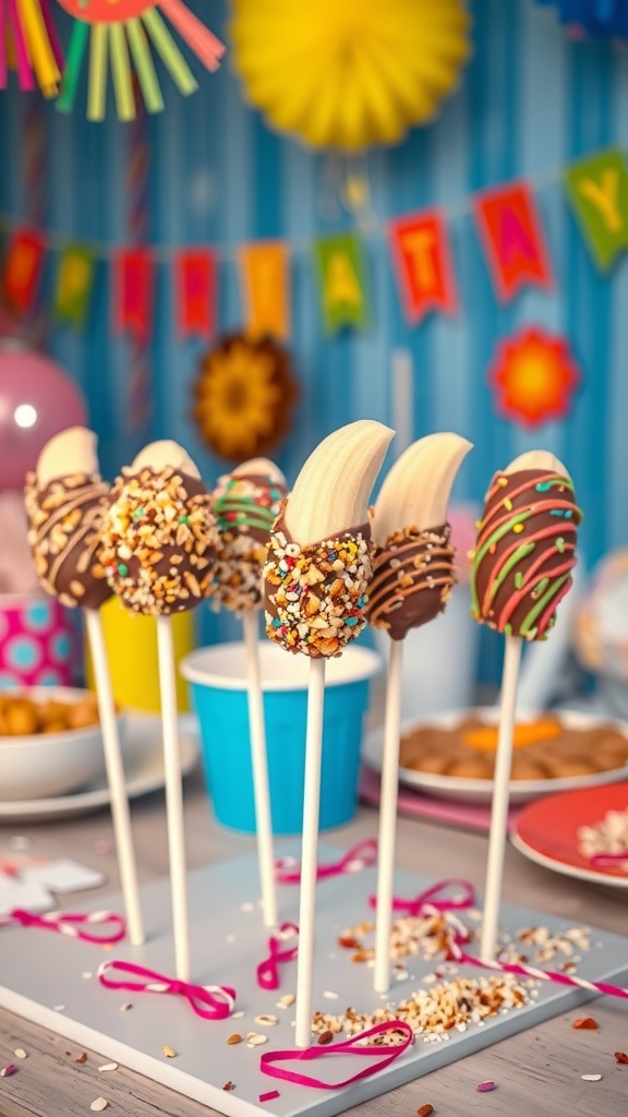 Colorful chocolate-dipped banana pops on sticks, decorated with nuts and sprinkles, set against a festive background.