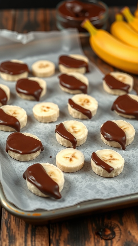 Chocolate-dipped banana bites on parchment paper with bananas in the background