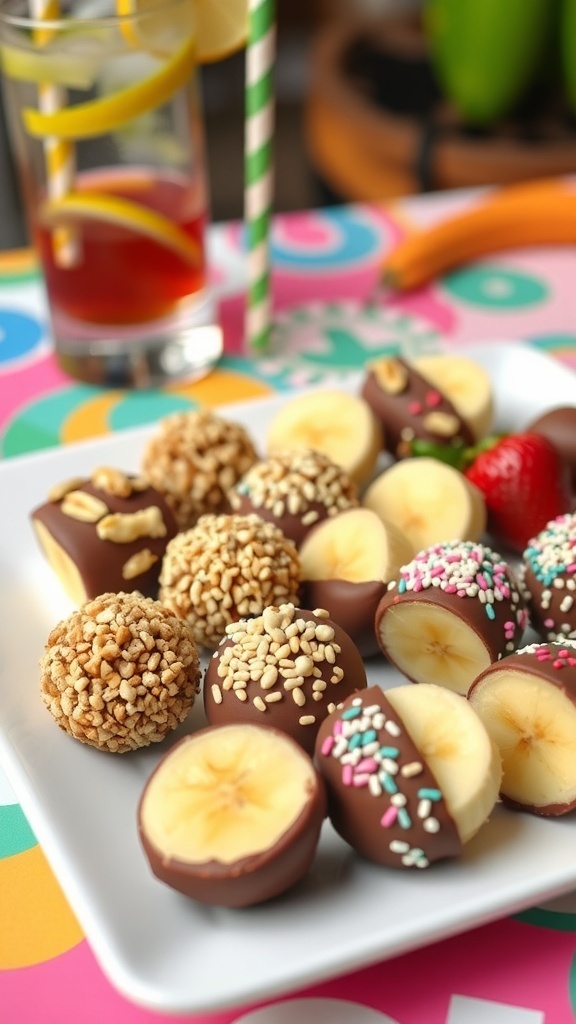 A plate of chocolate-dipped frozen banana bites with various toppings.