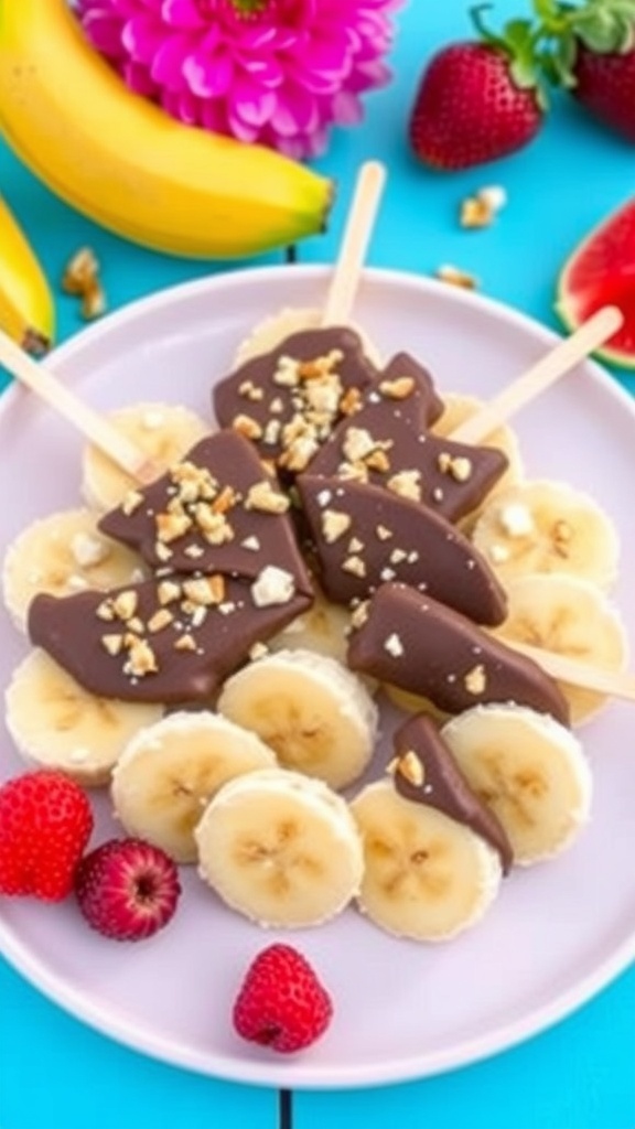 Plate of chocolate-dipped frozen banana bites with fresh fruit