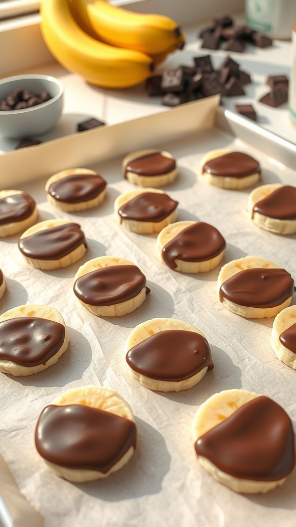 Chocolate-dipped frozen banana bites on a tray with bananas and chocolate pieces in the background.