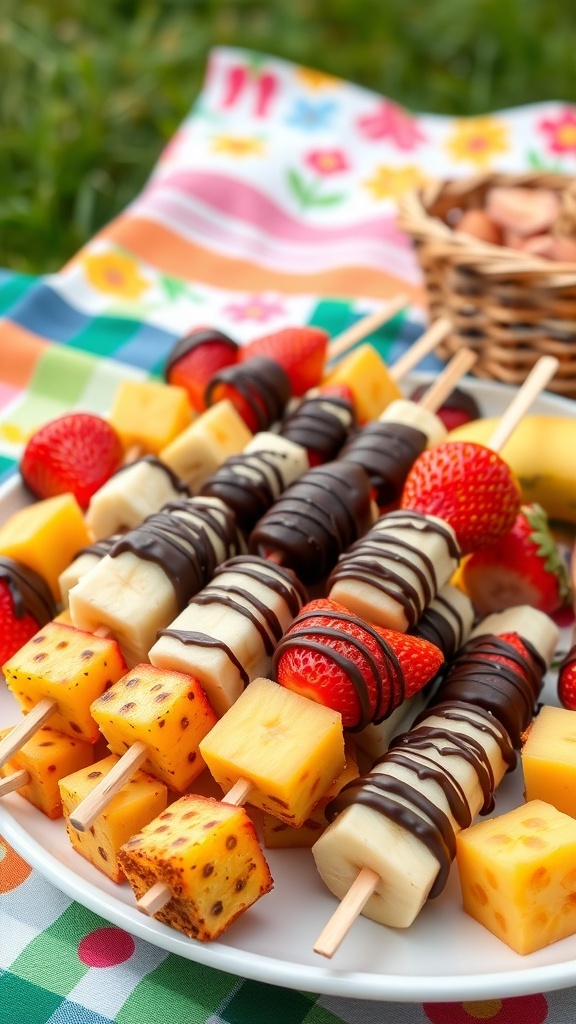 A colorful platter of chocolate-dipped fruit skewers with strawberries, bananas, and pineapple on a picnic blanket.