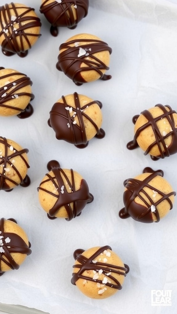 Chocolate-Dipped No-Bake Cookie Dough Bites arranged on parchment paper.
