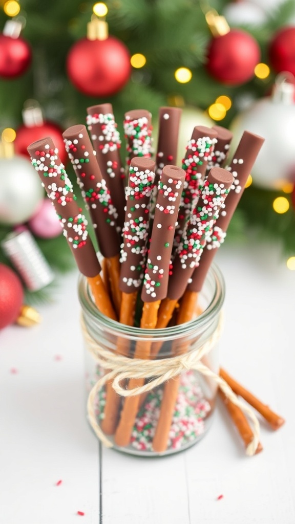 A jar filled with chocolate-dipped pretzel rods decorated with colorful sprinkles, surrounded by festive Christmas decorations.