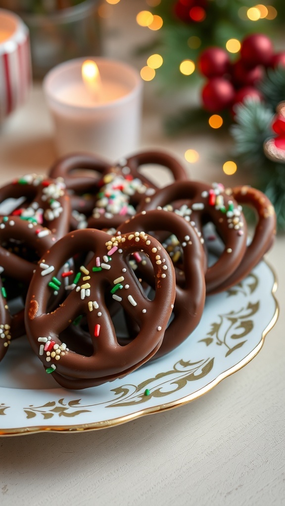 A plate of chocolate-dipped pretzels decorated with colorful sprinkles, surrounded by holiday decorations.