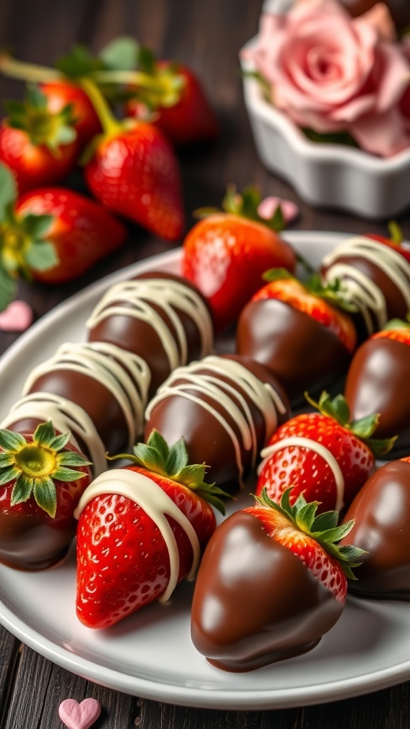 Plate of chocolate-dipped strawberries with a decorative touch of white chocolate, surrounded by fresh strawberries and a rose.