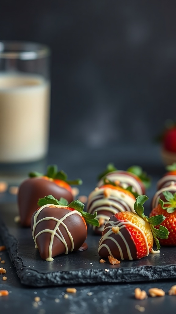 Chocolate-dipped strawberries decorated with white chocolate drizzle on a slate tray.