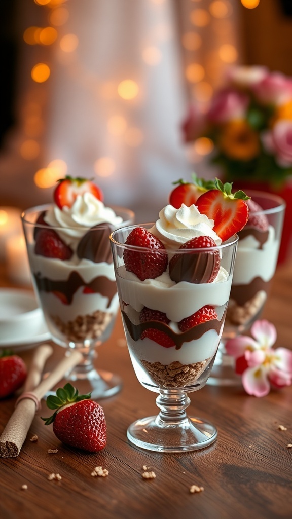Chocolate-dipped strawberry parfaits in elegant glasses with layers of yogurt, strawberries, and granola, set against a warm, romantic background.