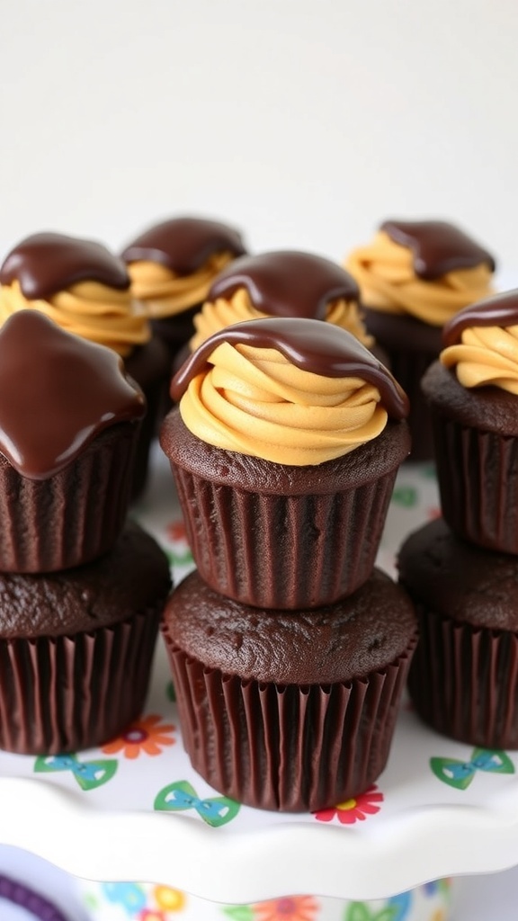Chocolate-peanut butter cupcakes topped with frosting and mini peanut butter cups