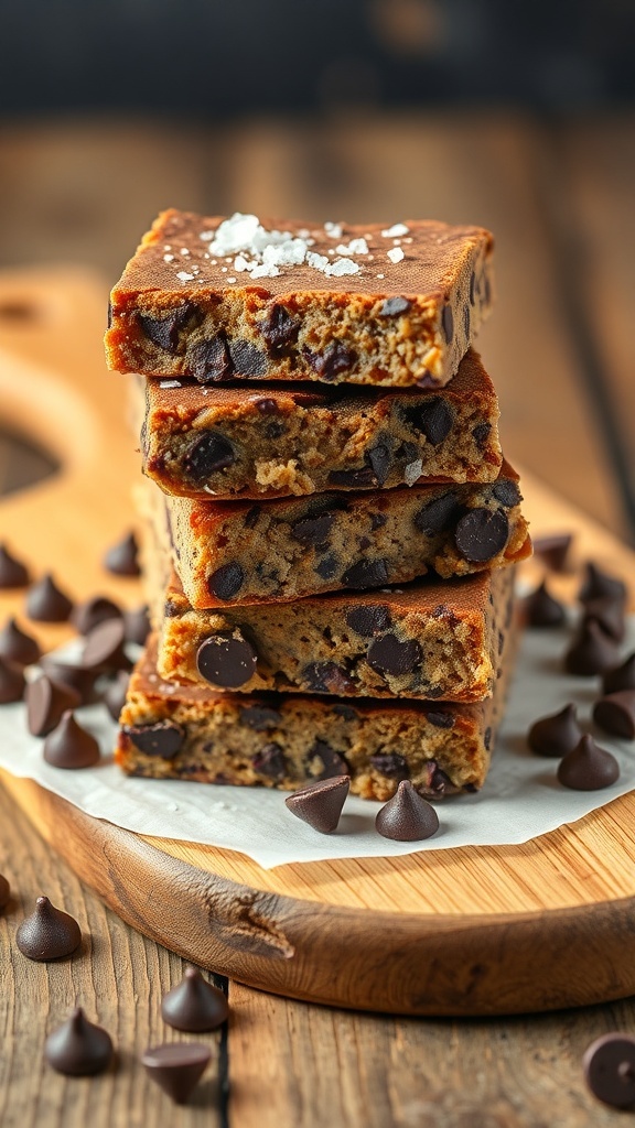 Stack of chocolate and peanut butter energy bars on a wooden board with chocolate chips scattered around.