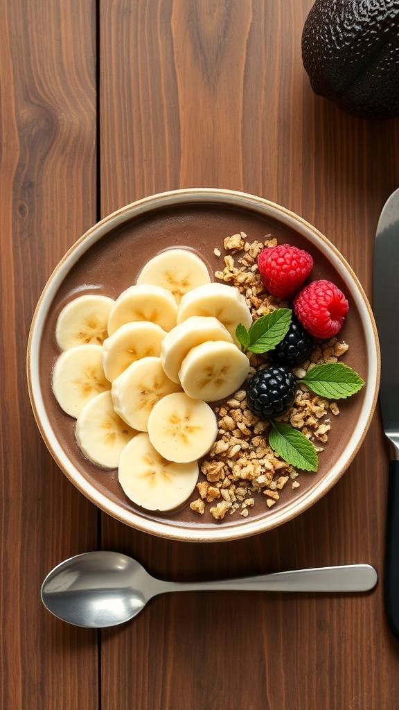 A chocolate avocado smoothie bowl topped with banana slices, raspberries, blackberries, and granola on a wooden table.