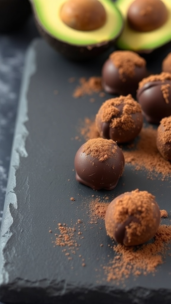 Chocolate avocado truffles on a slate board with fresh avocados in the background.