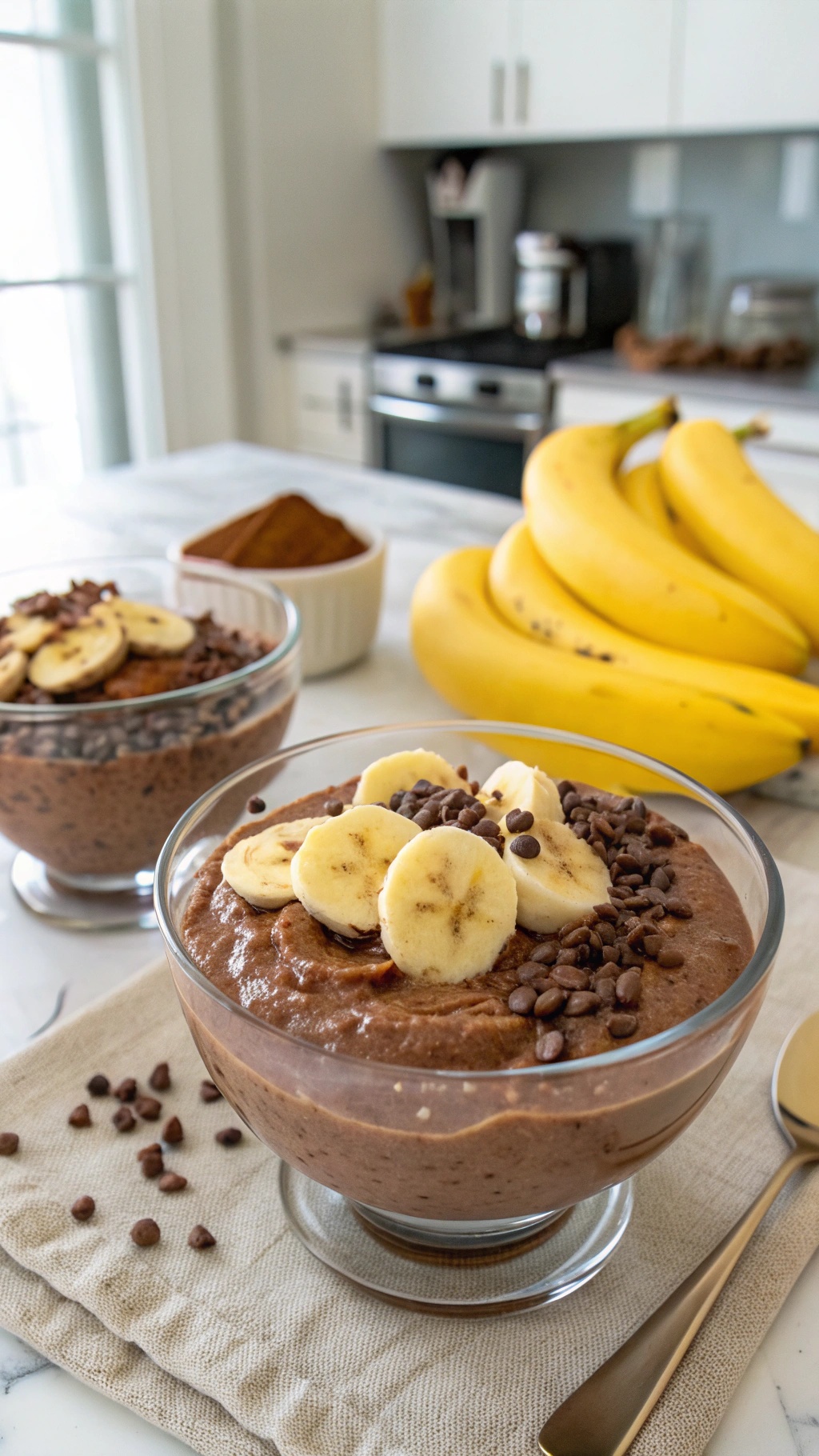 Chocolate Banana Bliss Chia Bowl with bananas and chocolate chips