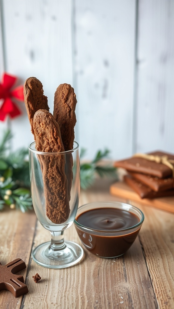 Chocolate biscotti in a glass with chocolate sauce