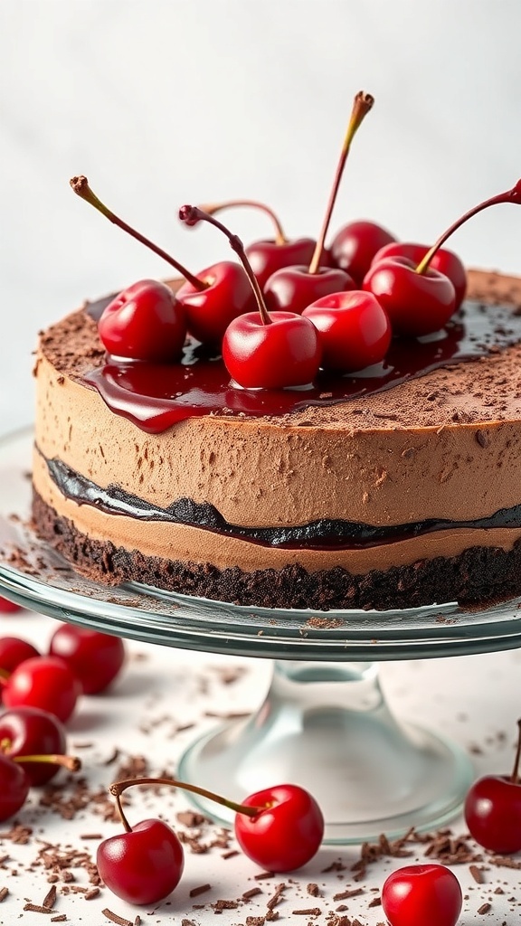 A decadent chocolate cherry keto cheesecake topped with fresh cherries and chocolate sauce.