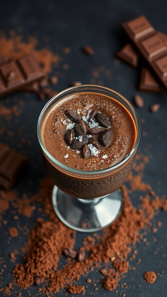 A glass of chocolate chia seed pudding topped with coffee beans and cocoa powder.