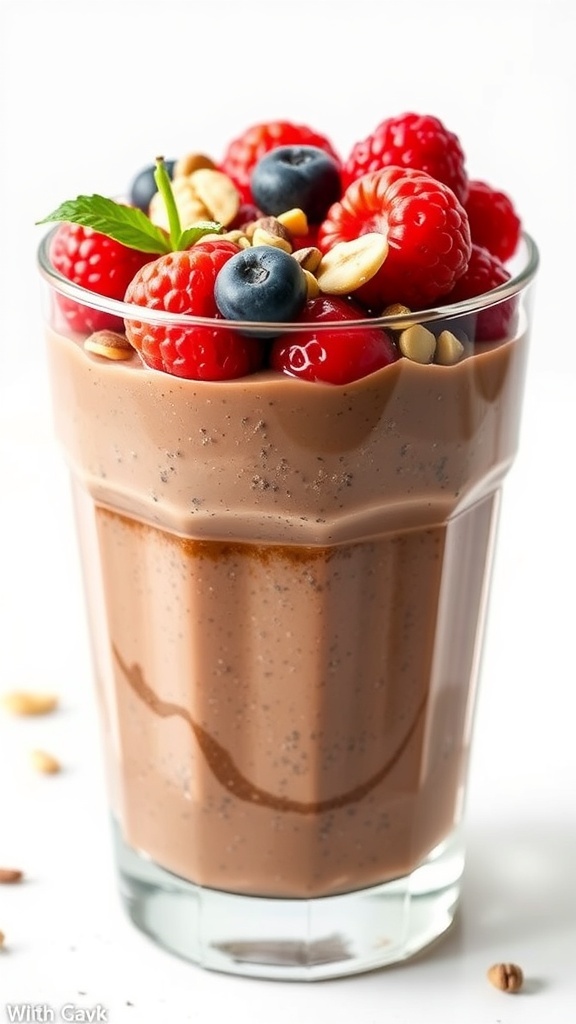 A glass of chocolate chia seed pudding topped with raspberries, blueberries, and nuts.